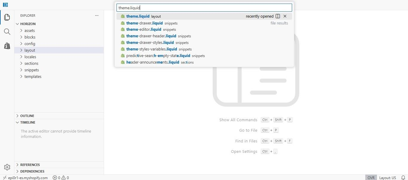 Shopify code editor searching for theme.liquid